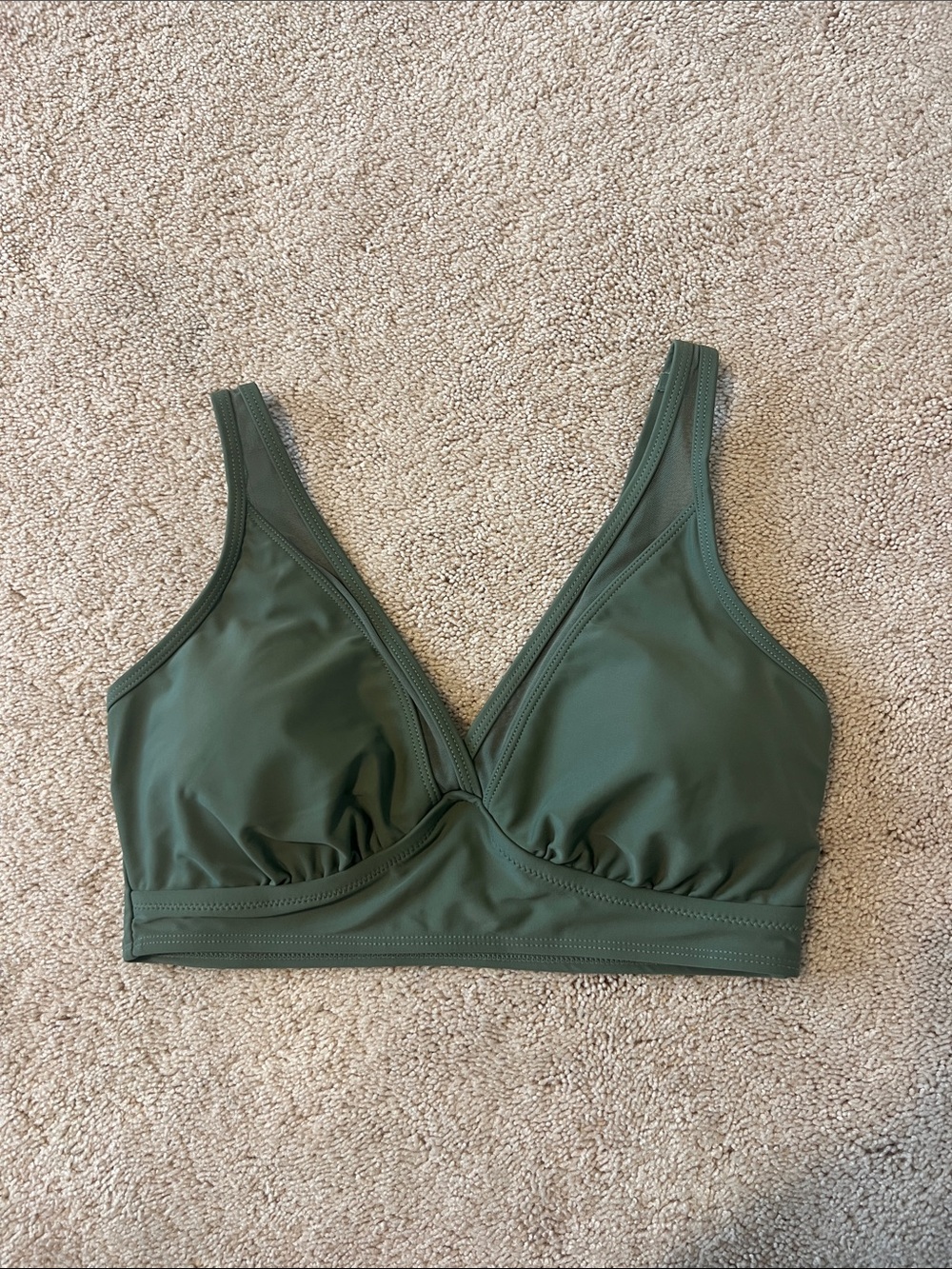 Women's Olive Green Swim Top - Supportive V-Neck Adjustable Straps